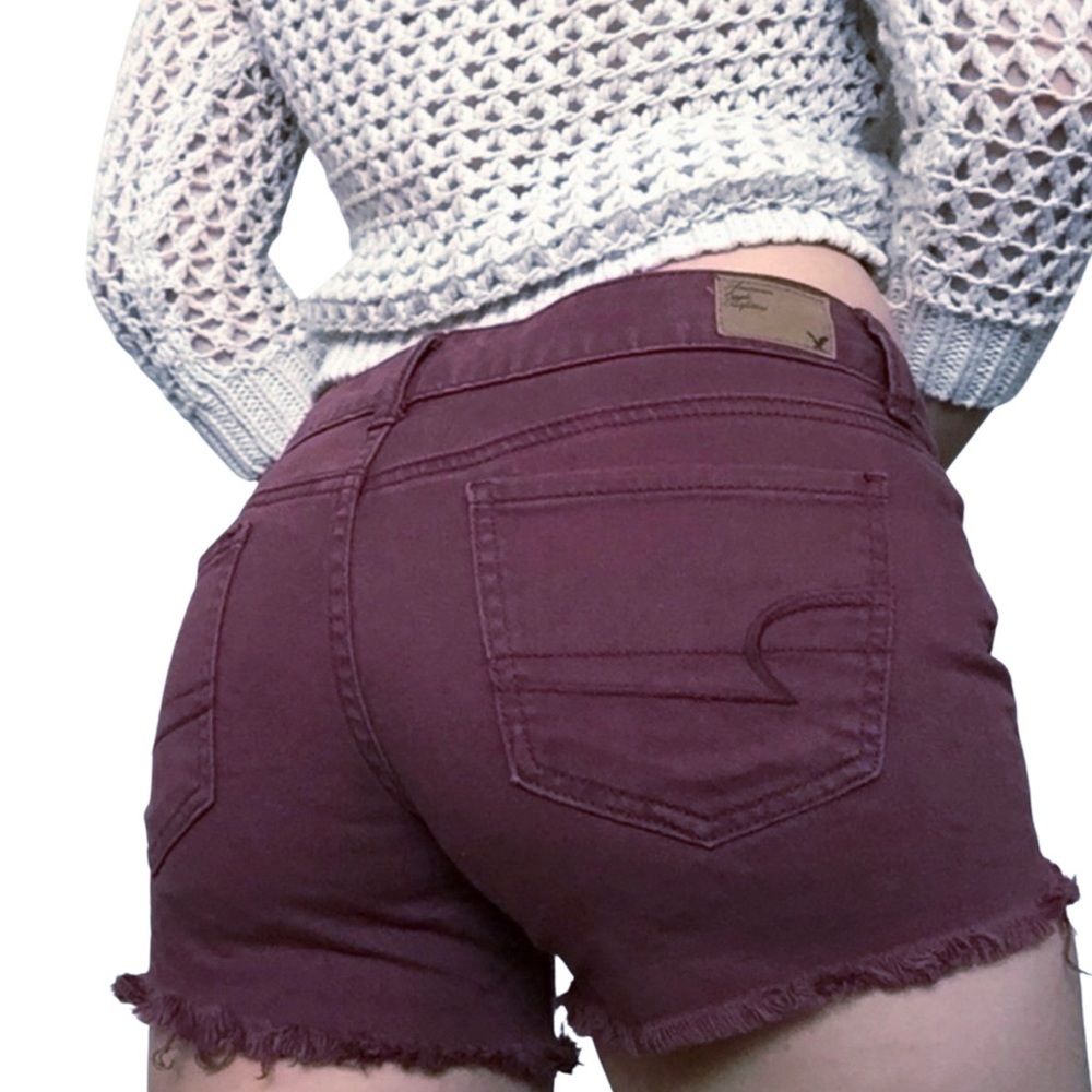 American Eagle Hi Rise Shortie Cuffed Denim Shorts in Maroon Burgundy size 4